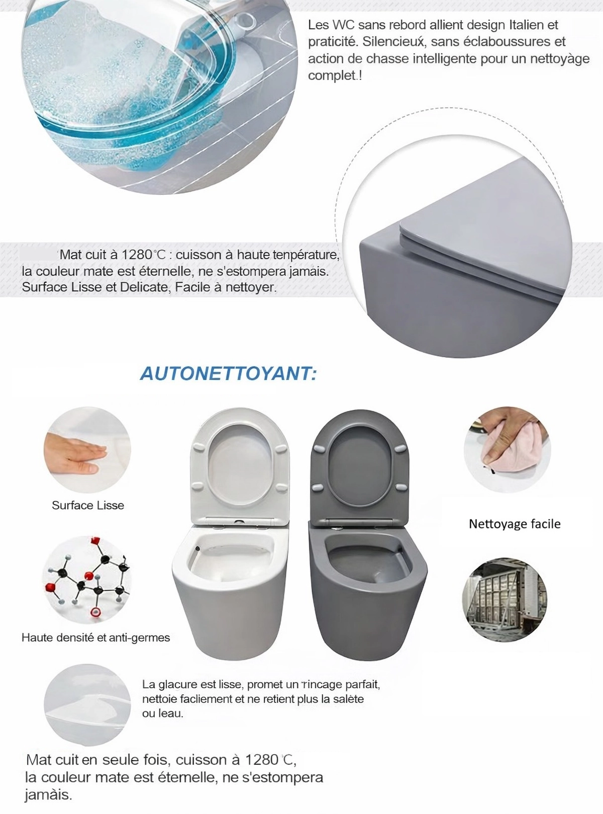 WC suspendu gris sans bride avec bâti mural